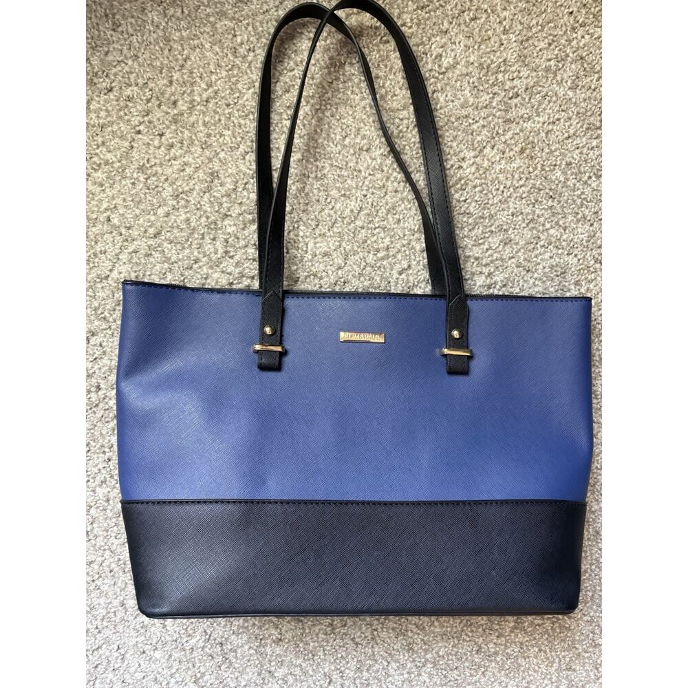 Elim & Paul Structured Blue Black Tote Bag Faux Leather Zip Top